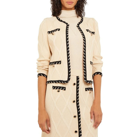 NEW Misook Contrast Trim Knit Jacket Textural Cable Knit Biscotti Black Size XL - Picture 8 of 10